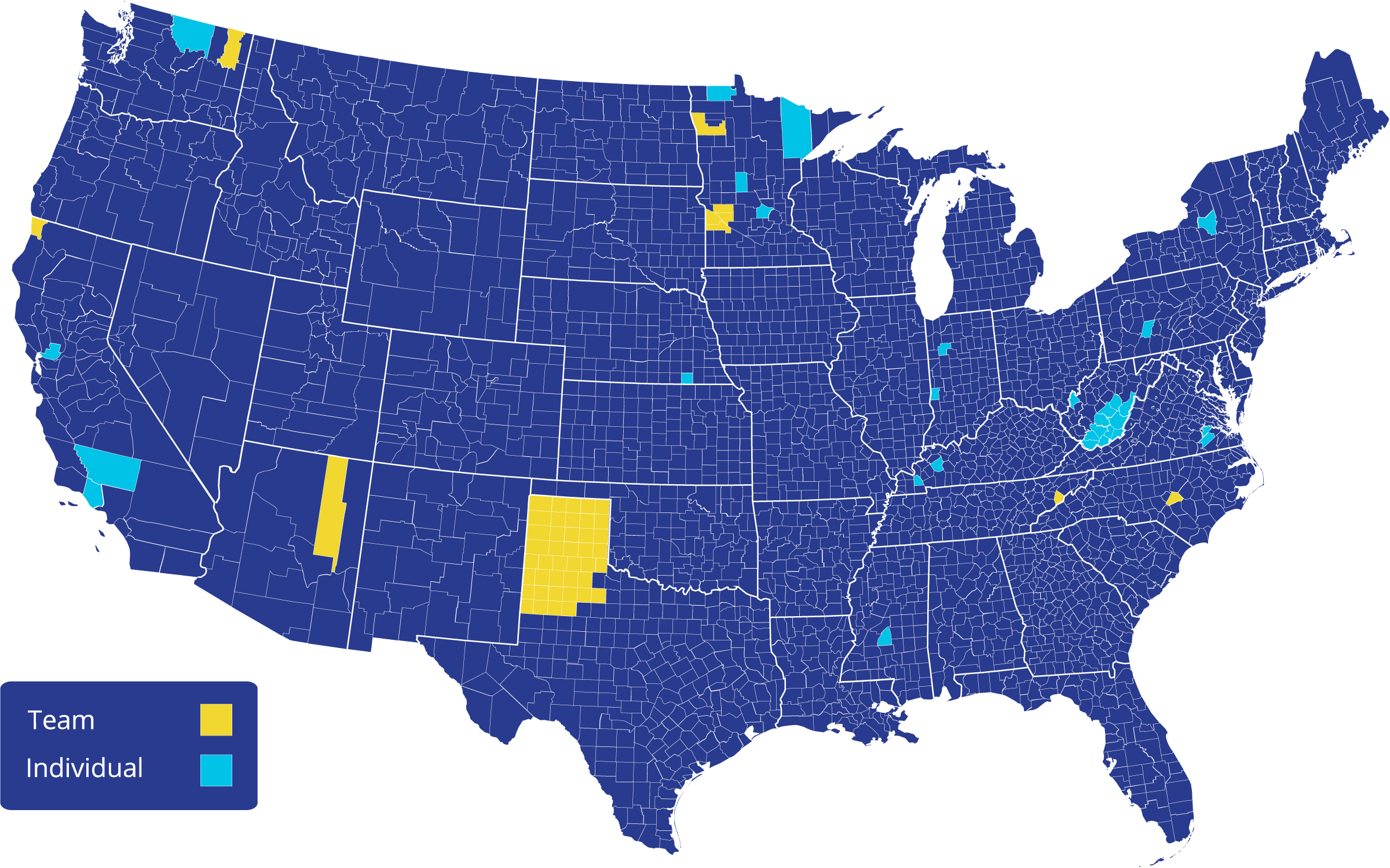 U.S. map showing Reaching Rural Initiative team and individual fellows