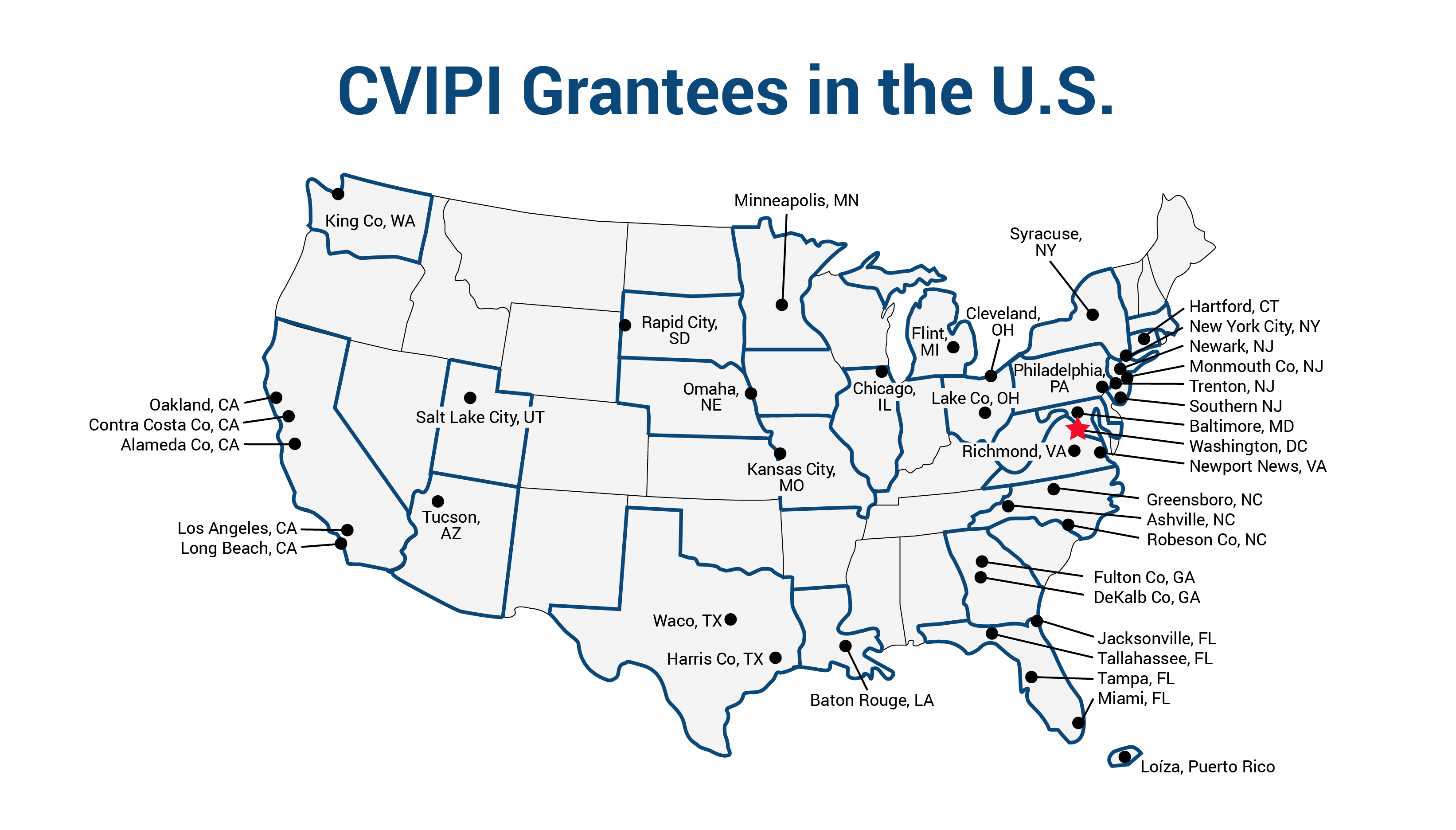 Map showing FY 2022 Community Based Violence Intervention and Prevention Initiative grantees