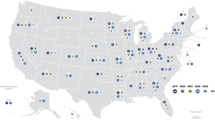 Map showing Adult Treatment Court funding for fiscal years 2019-2023
