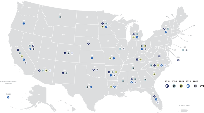 Map showing Veterans Treatment Court funding, fiscal years 2019-2023