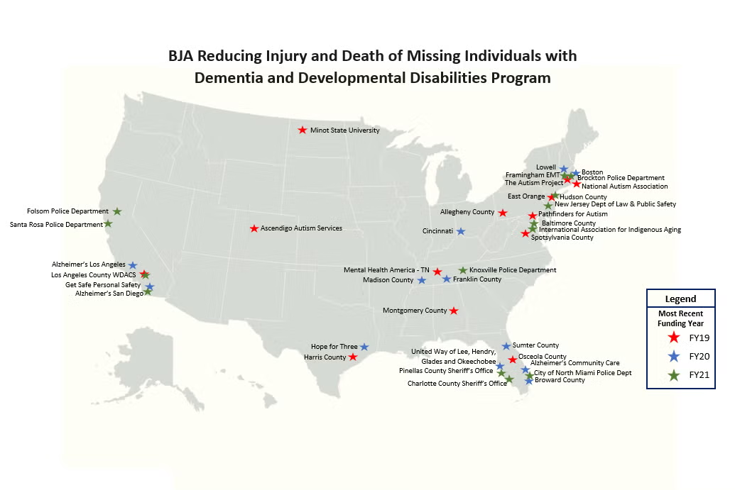 Map showing the FY 2019 - 2021 Kevin and Avonte Program grantees