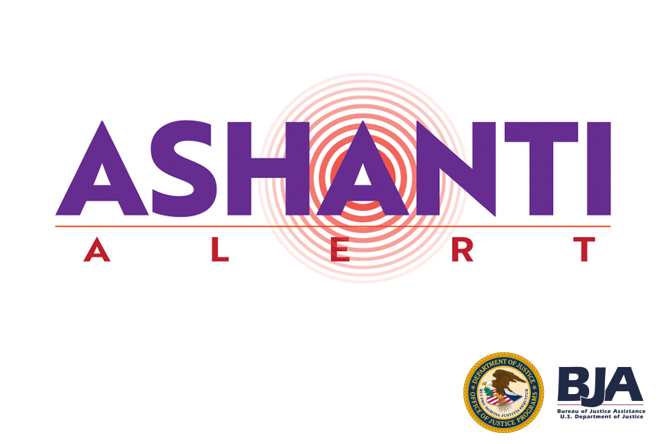 Ashanti Alert logo with OJP seal and BJA logo