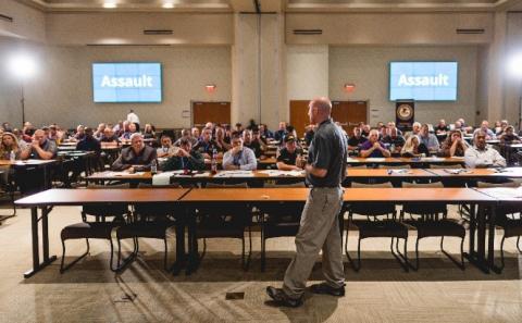  An instructor speaks to a classroom of law enforcement officials at a VALOR training session. Photo courtesy Institute for Intergovernmental Research