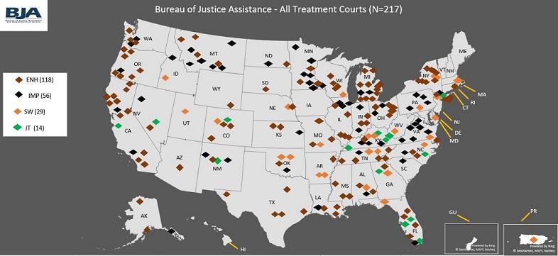 Map showing BJA-funded drug courts
