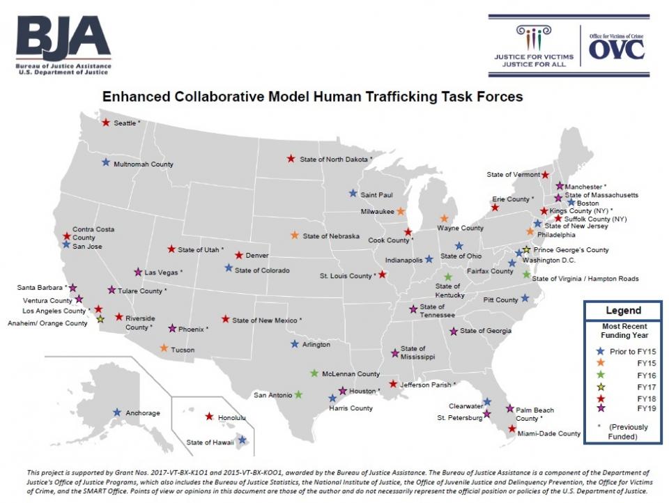 Map of the BJA/OVC Enhanced Collaborative Model human trafficking task forces