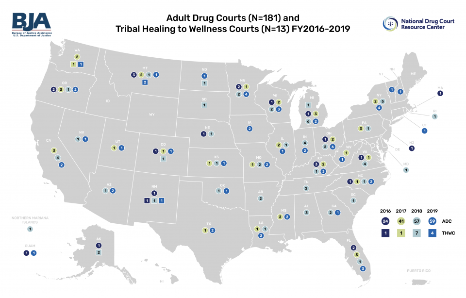 Map showing adult drug courts and tribal healing to wellness courts for FY 2016-2019