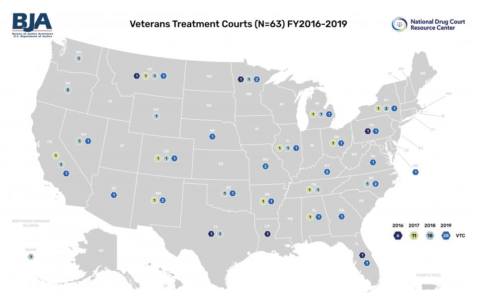 Map showing veterans treatment courts from FY 2016-2019