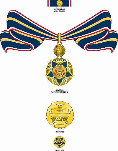 a color illustration of the front and back views of the Medal of Valor award