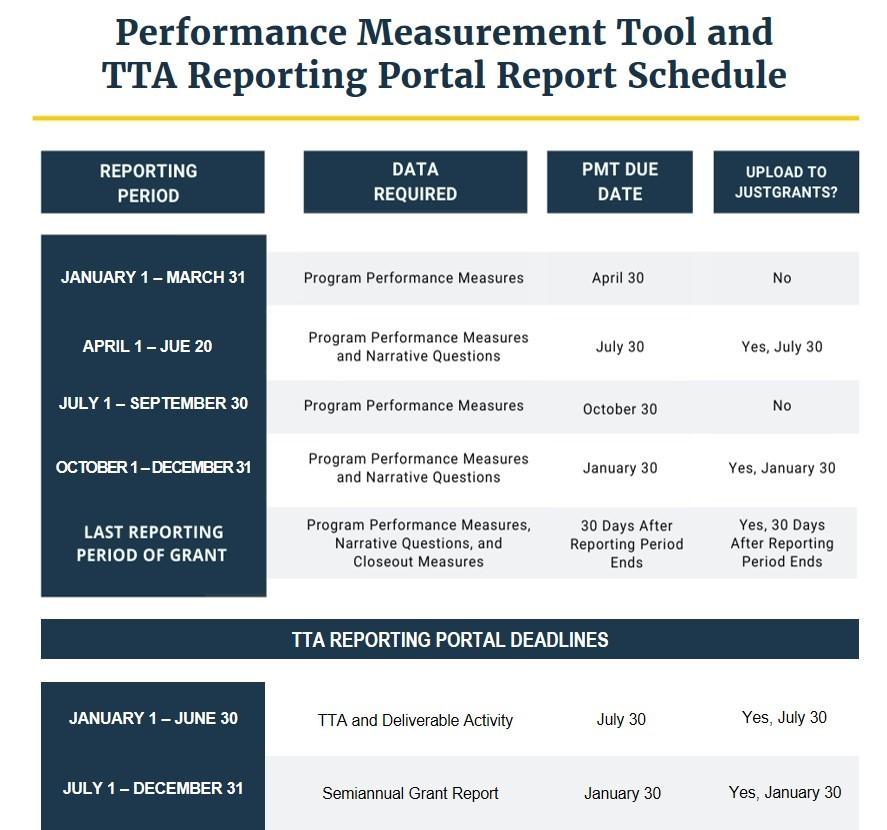 Deadlines and data requirements associated with Performance Measurement Tool and TTA Reporting Portal